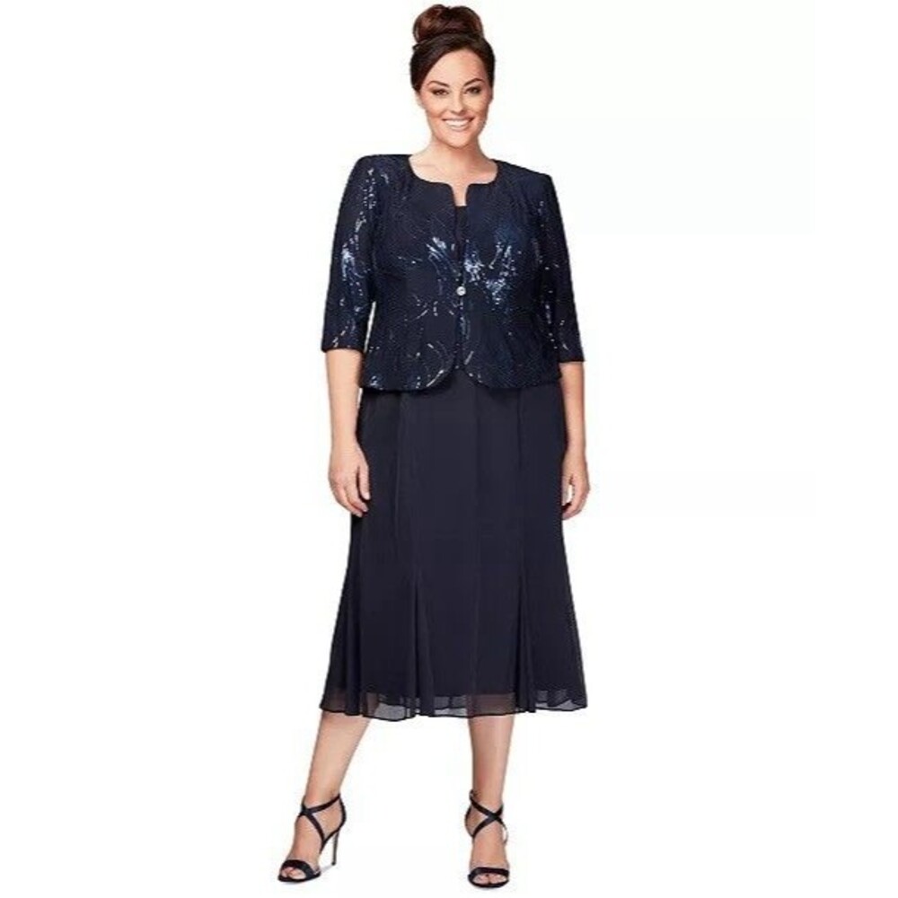 Alex Evenings Sequin Embellished Cocktail Dress - size 22W - Navy $249